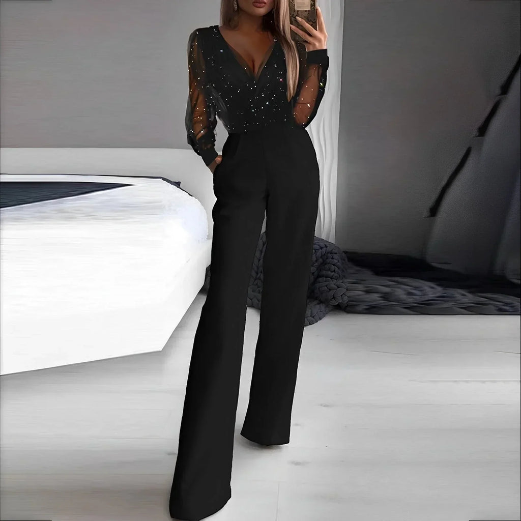 Black Women's Jumpsuit with V-Neck and Flared Legs