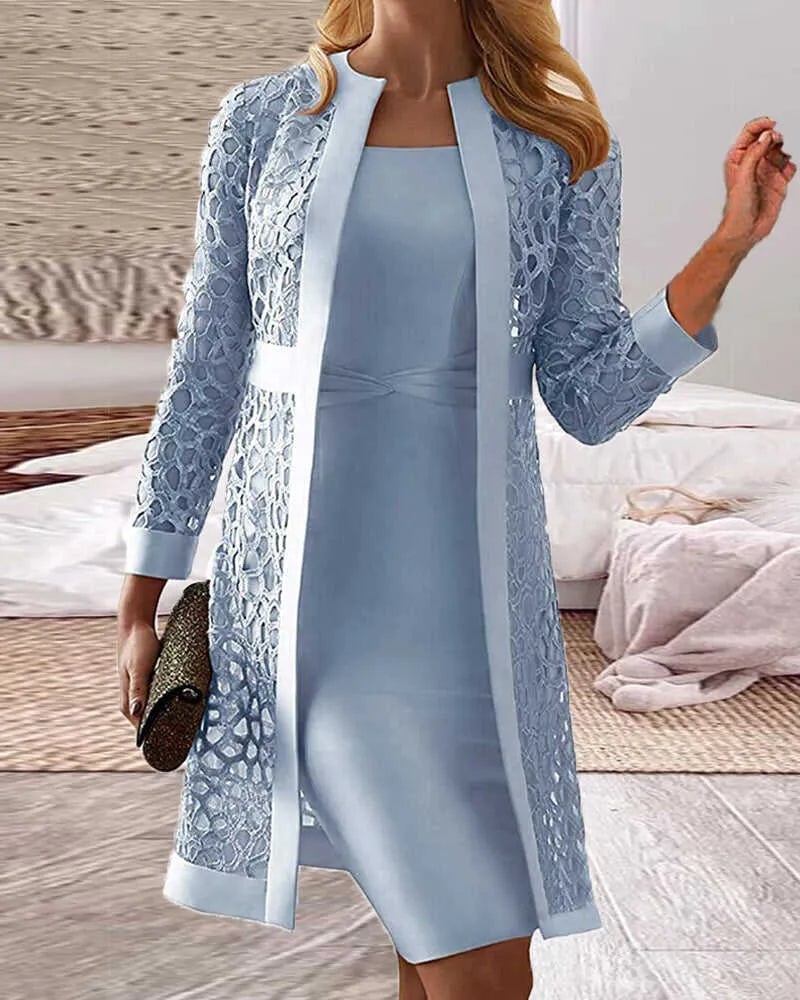 Sleeveless Knee-Length Dress and Floral Lace Jacket Set