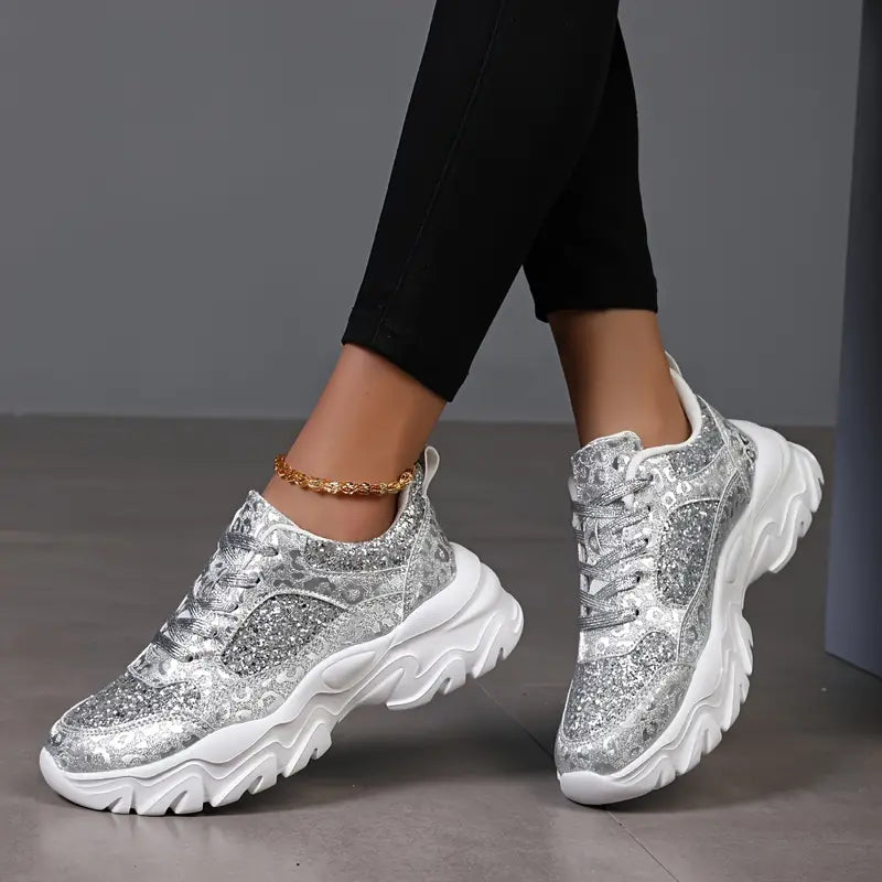 Silver Chunky Sneakers For Women With Glitter And High Sole