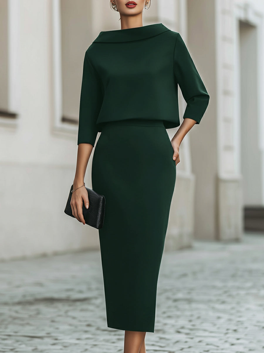 Women's Tailored Set – Top with Boat Neck and Midi Skirt for Casual Use