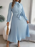 Women’s Pleated Midi Dress with Long Sleeves and Waist Belt