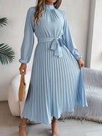 Women’s Pleated Midi Dress with Long Sleeves and Waist Belt