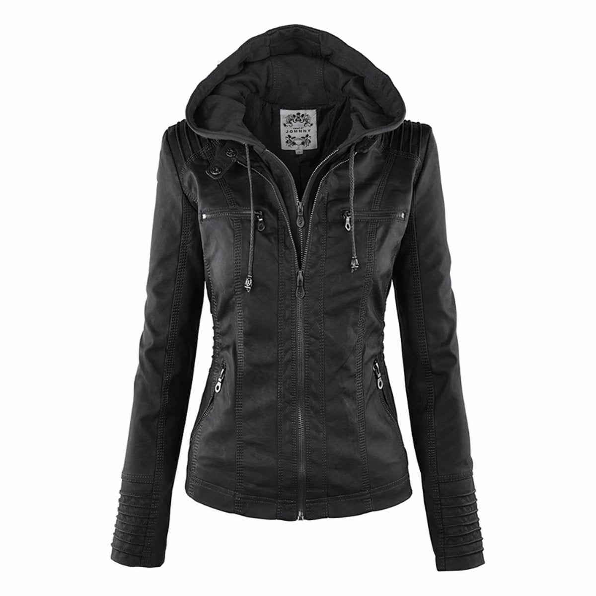 Faux Leather Hooded Biker Jacket
