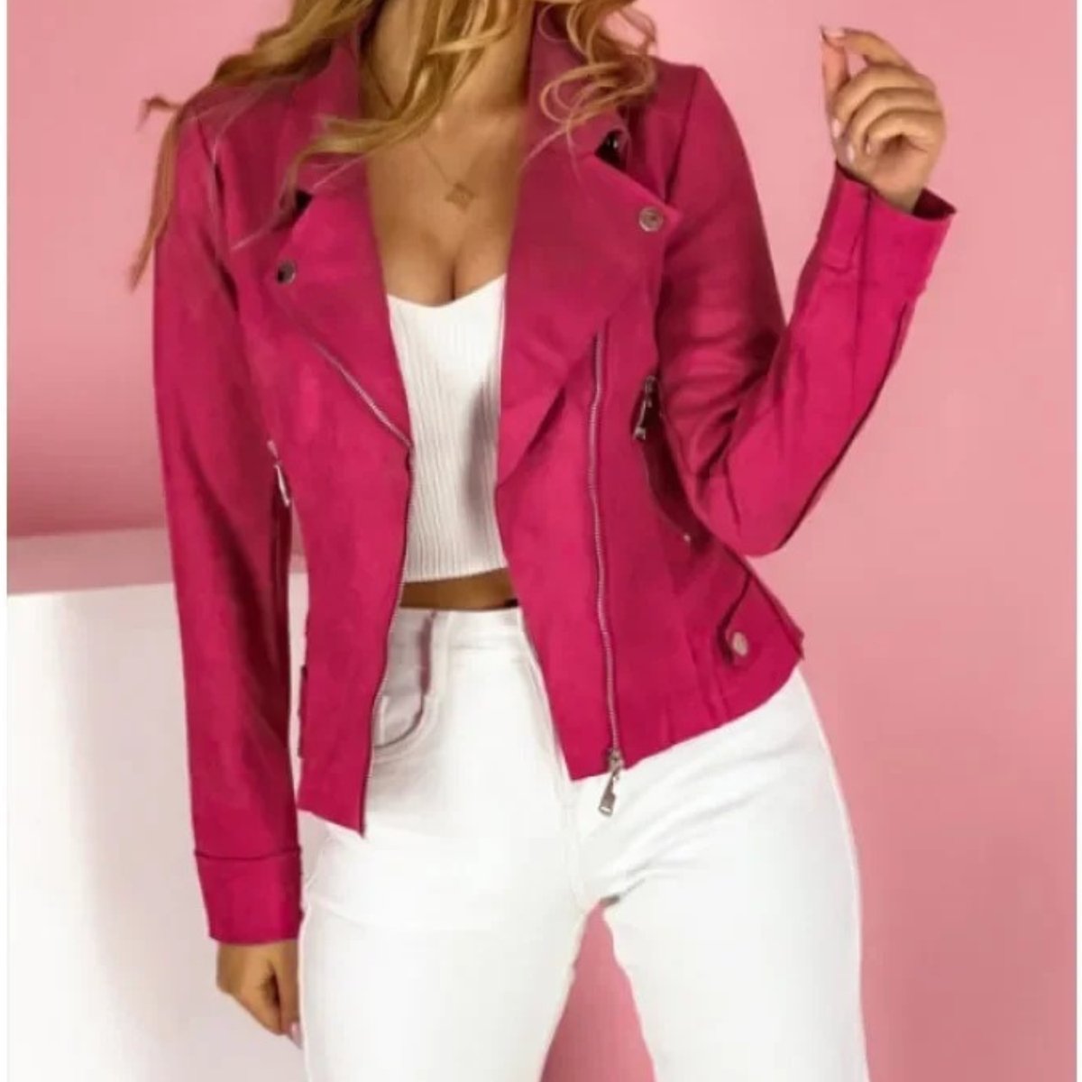 Faux Leather Collared Biker Jacket