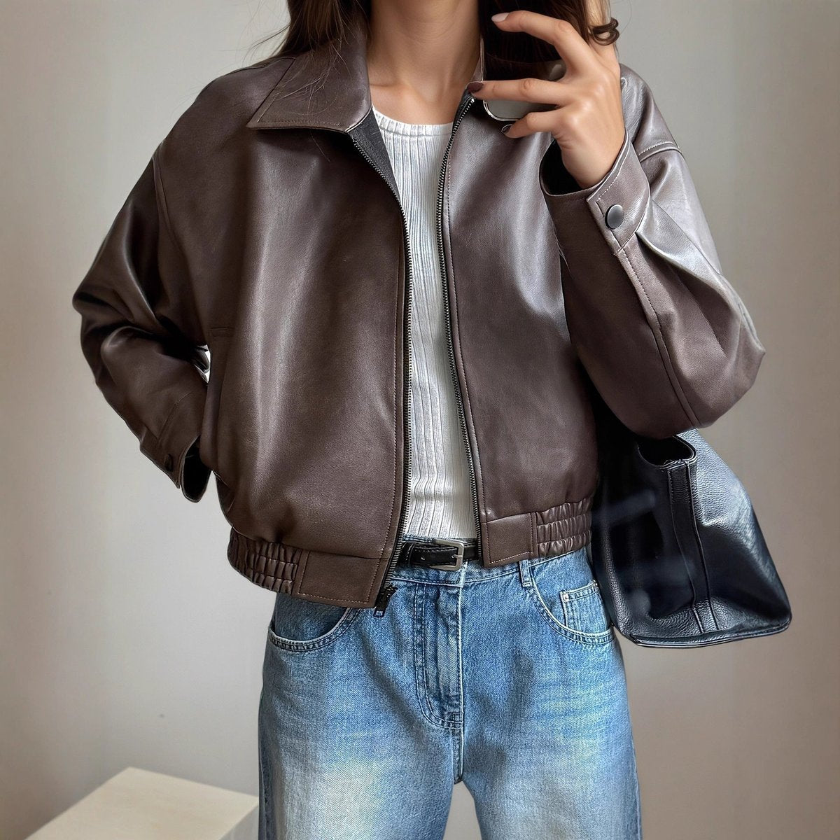 Faux Leather Zip Bomber Jacket