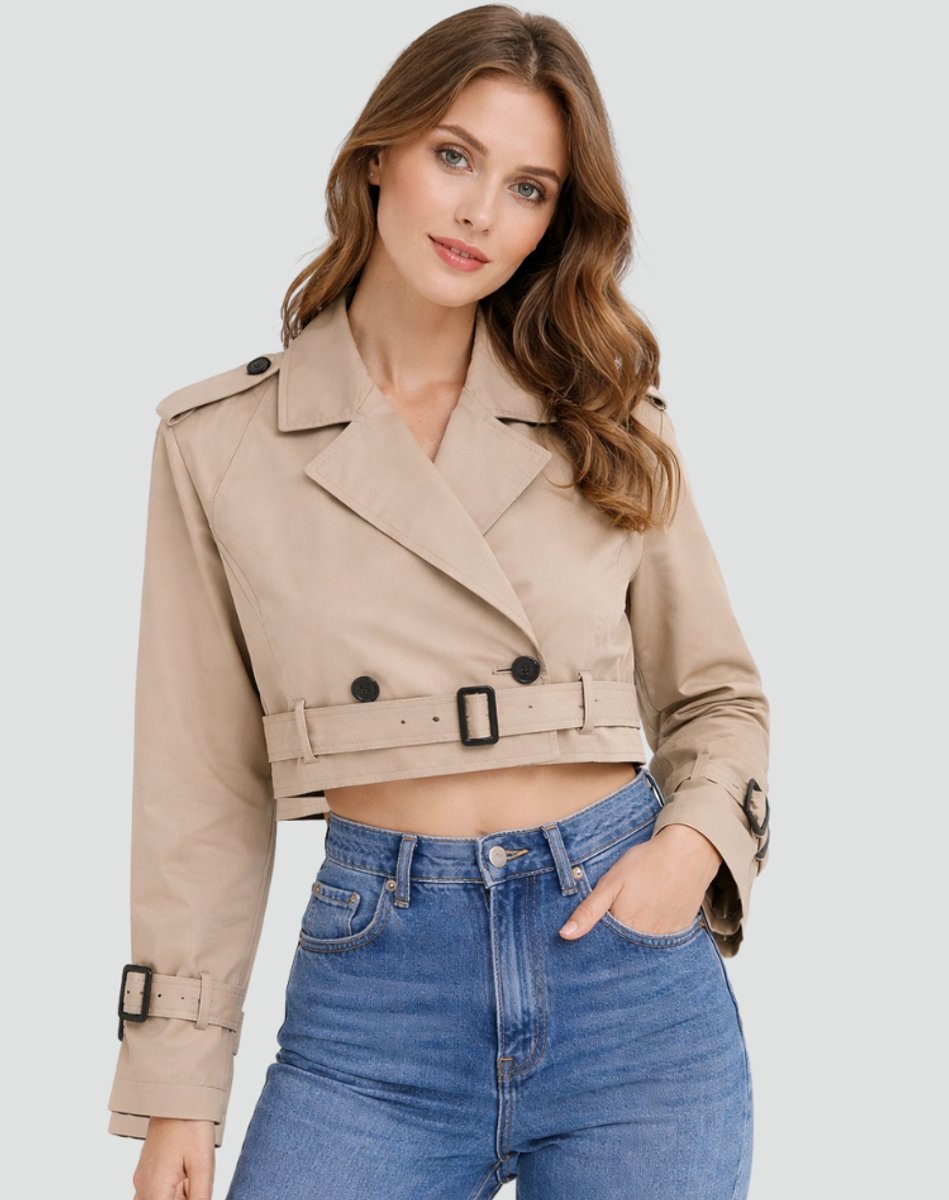Short Belted Double-Breasted Trench Coat