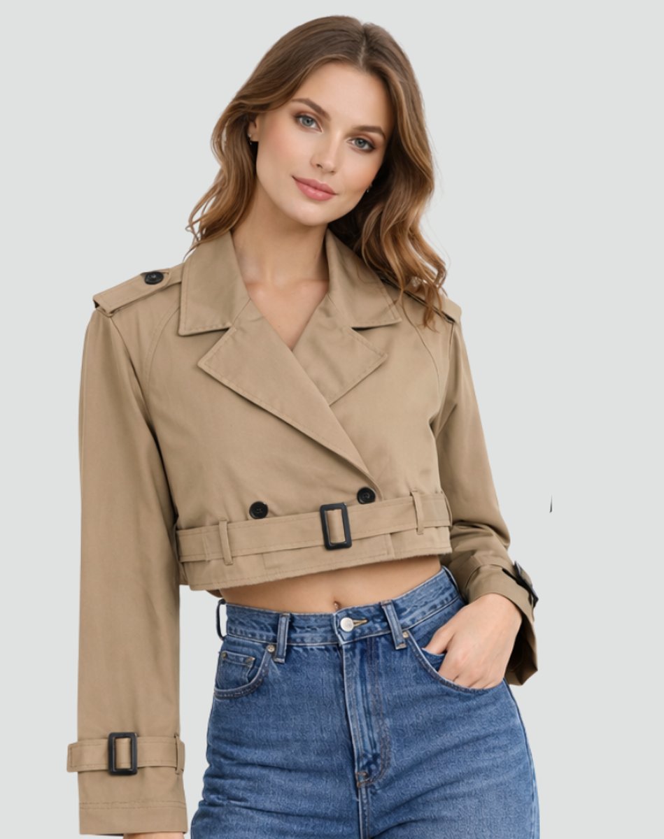 Korte, getailleerde double-breasted trenchcoat