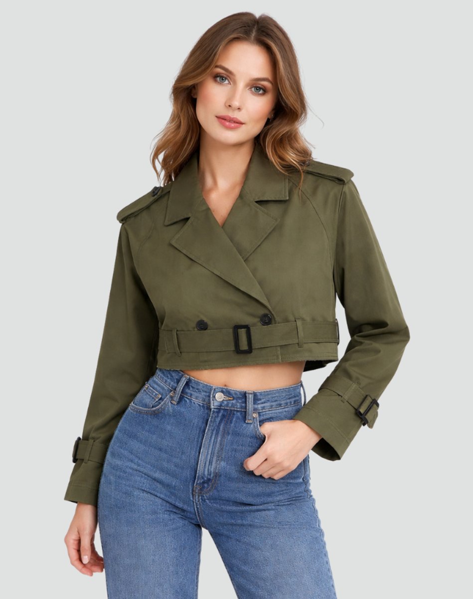 Korte, getailleerde double-breasted trenchcoat