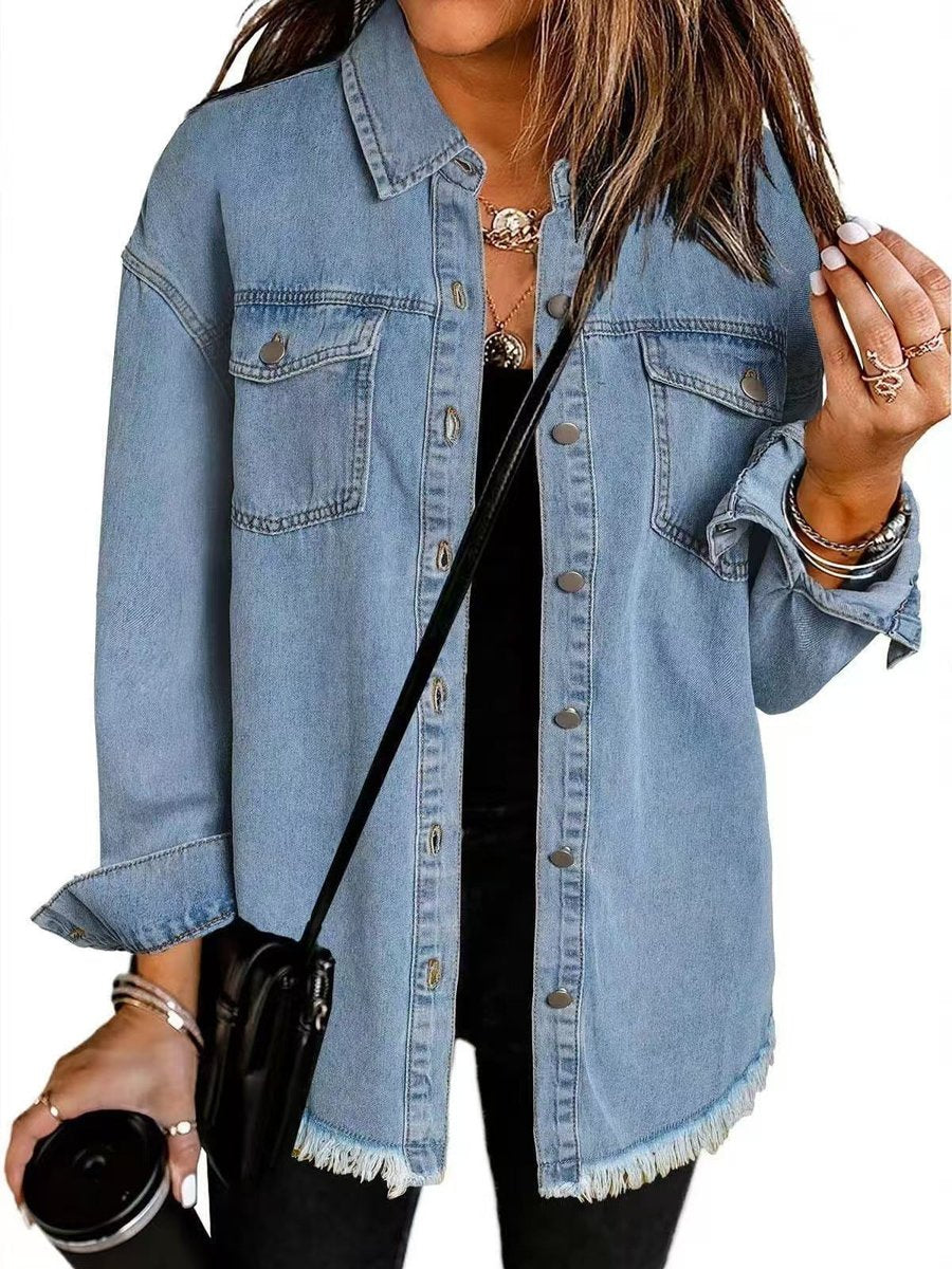 Oversized Fringed Buttoned Denim Jacket