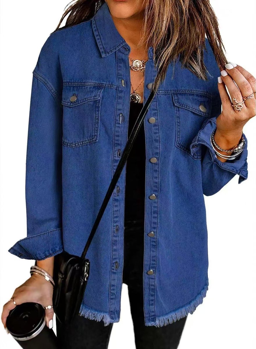 Oversized Fringed Buttoned Denim Jacket