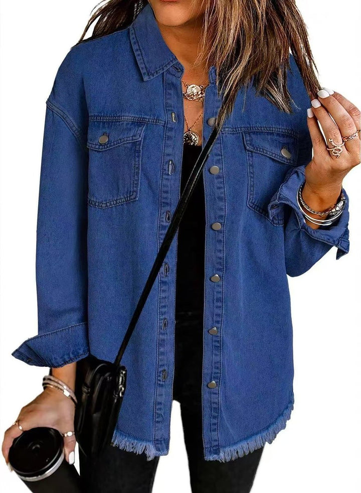 Oversized Fringed Buttoned Denim Jacket