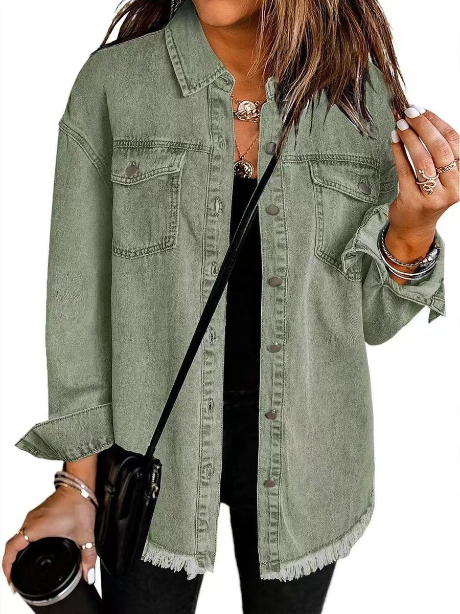 Oversized Fringed Buttoned Denim Jacket
