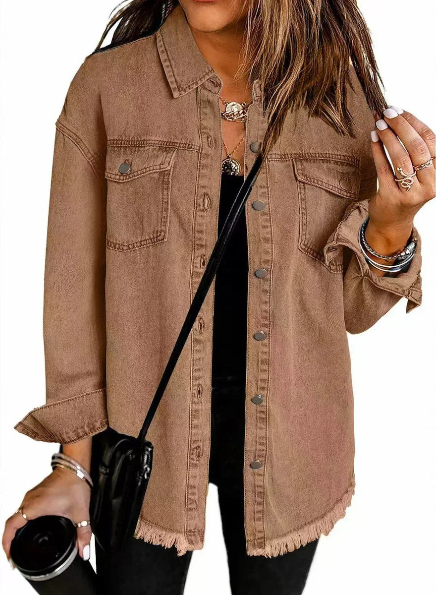 Oversized Fringed Buttoned Denim Jacket