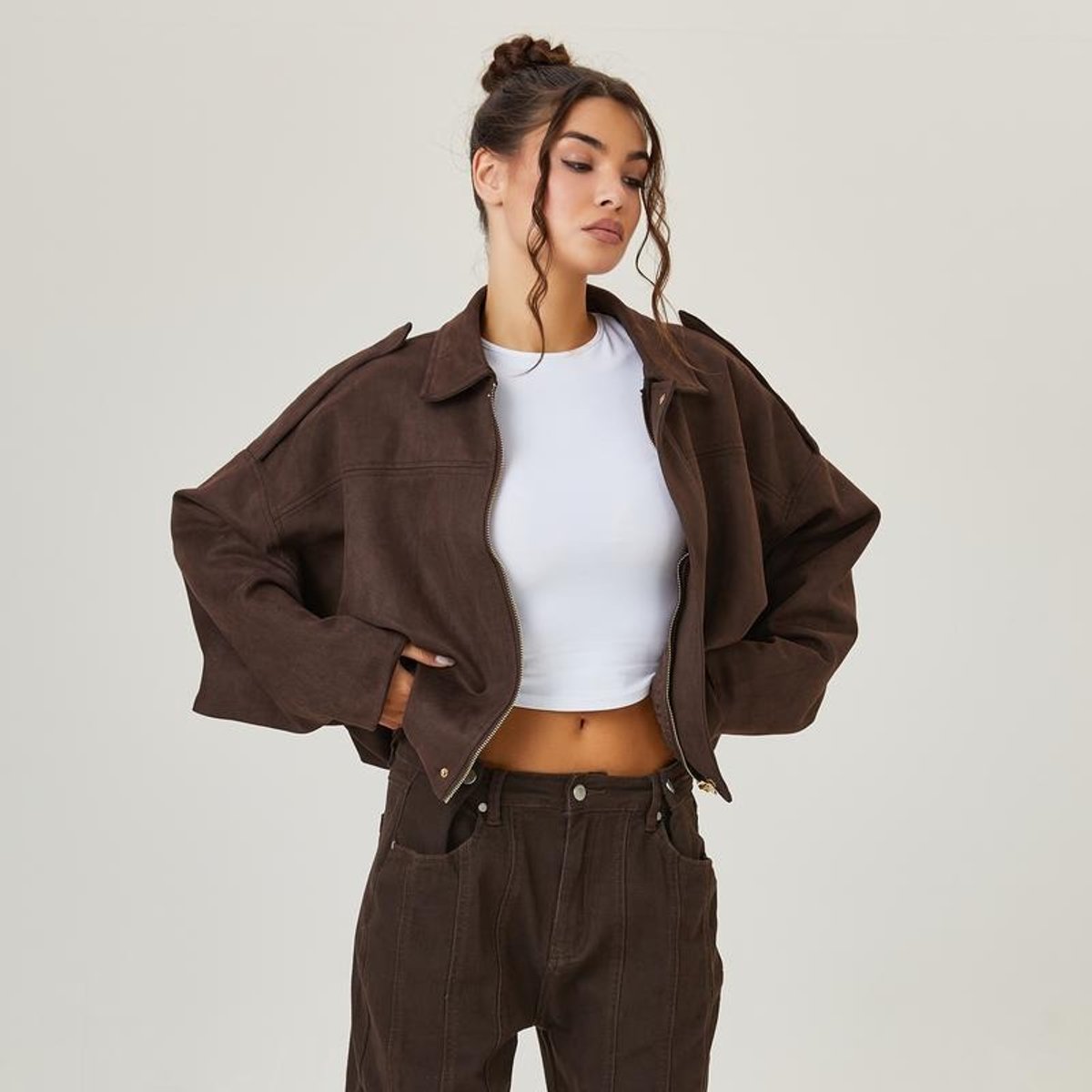 Oversized Cropped Faux Suede Bomber