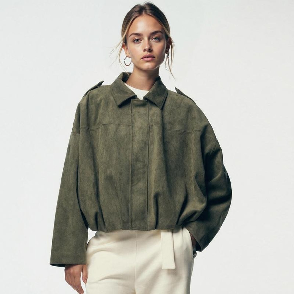 Oversized Cropped Faux Suede Bomber
