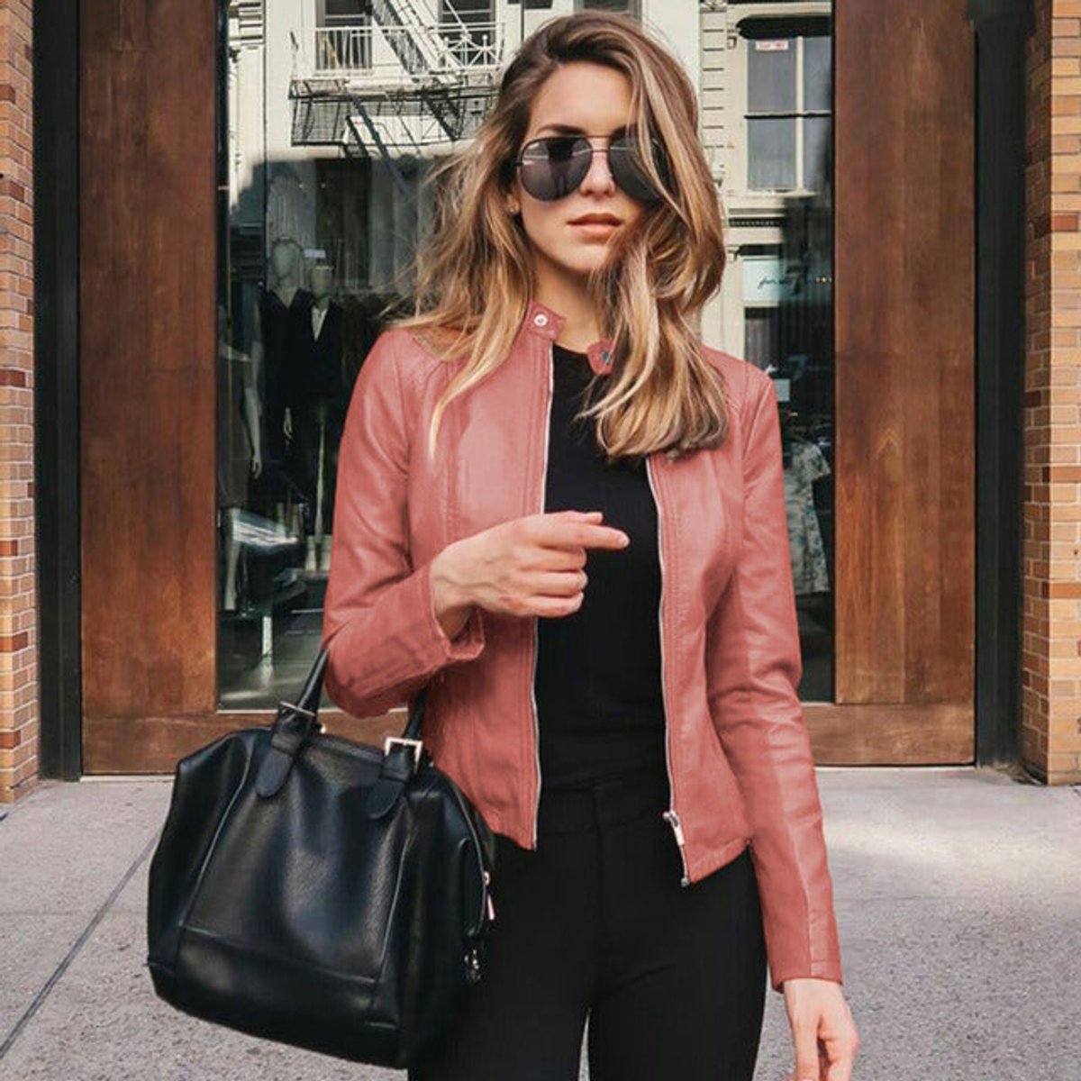 Slim-Fit Faux Leather Biker Jacket