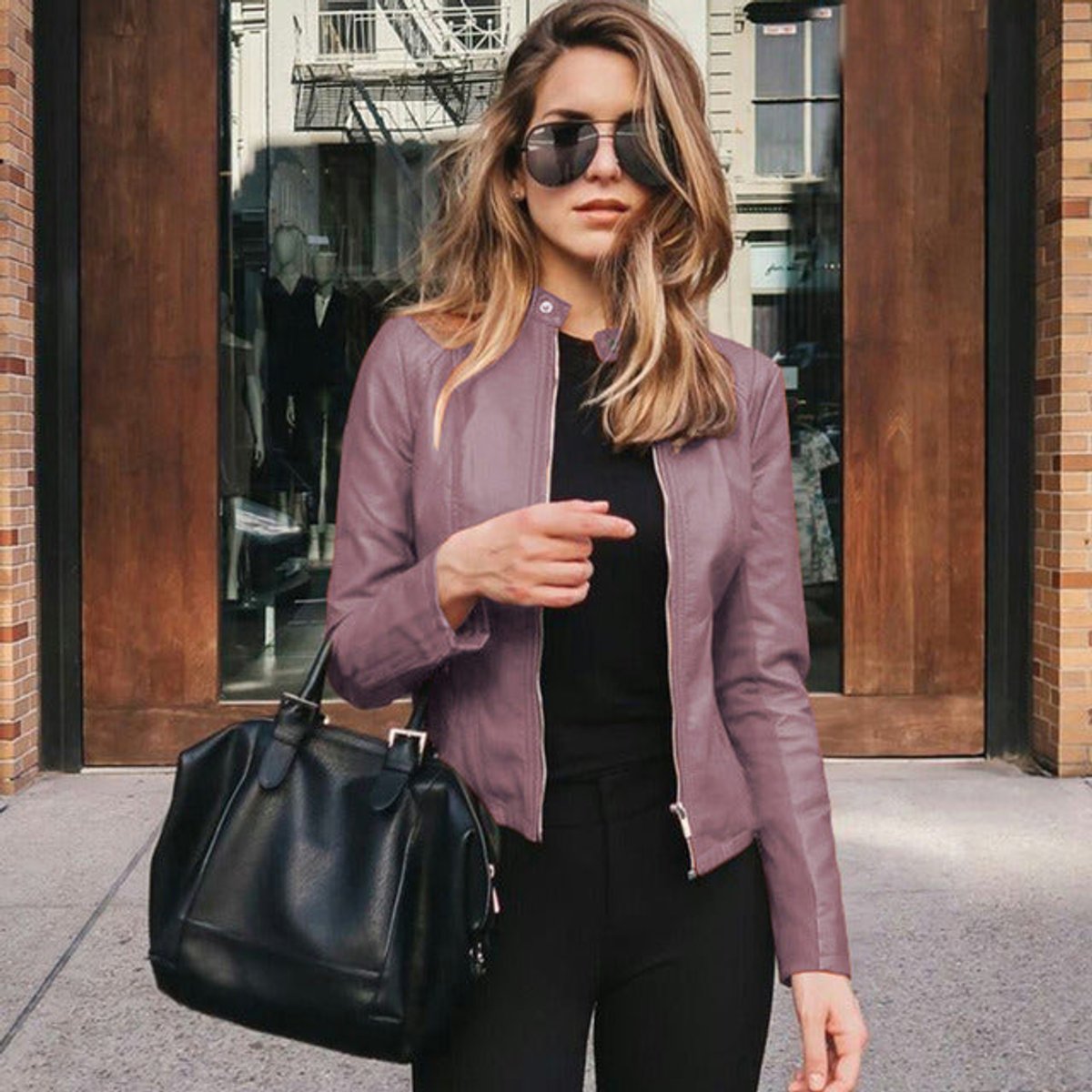Slim-Fit Faux Leather Biker Jacket
