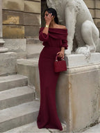 Women's Off-Shoulder Pleated Maxi Dress - Rib-Knit Evening Gown