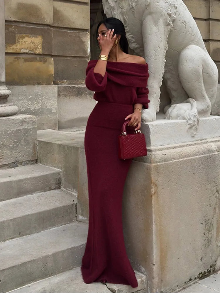 Women's Off-Shoulder Pleated Maxi Dress - Rib-Knit Evening Gown