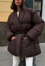 Belted High Collar Puffer Jacket