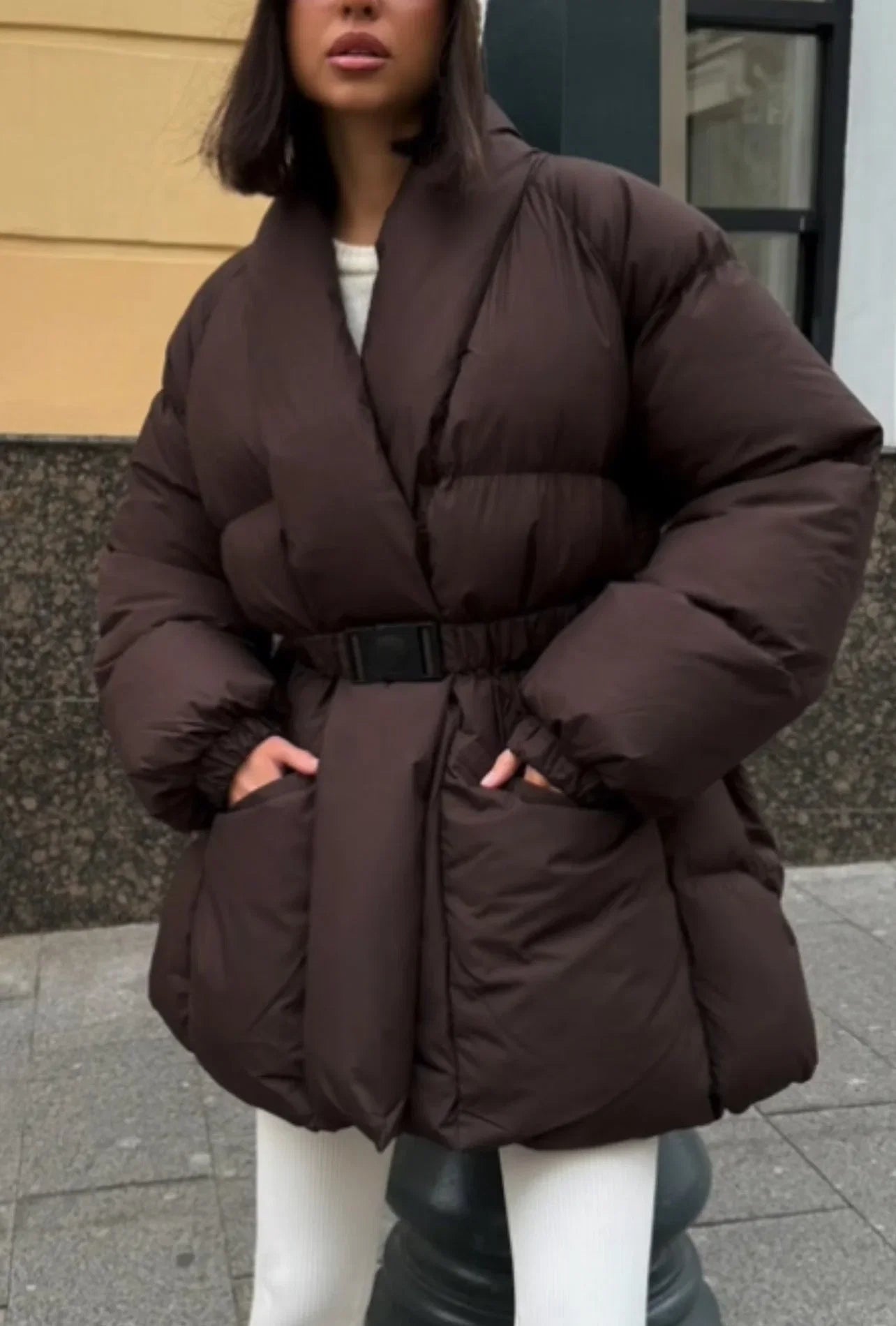 Belted High Collar Puffer Jacket