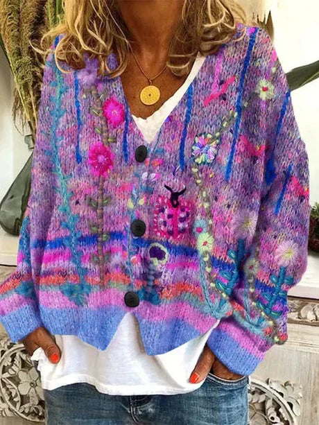 Retro Colourful Patterned Knitted Cardigan