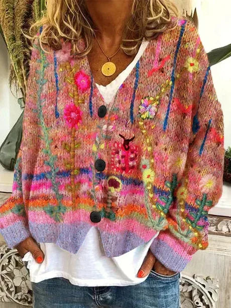 Retro Colourful Patterned Knitted Cardigan