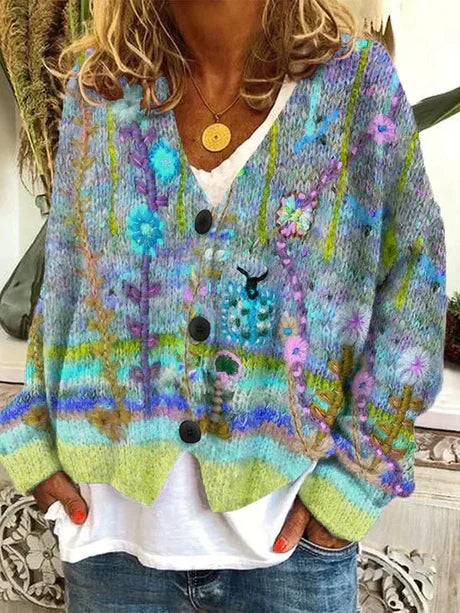 Retro Colourful Patterned Knitted Cardigan