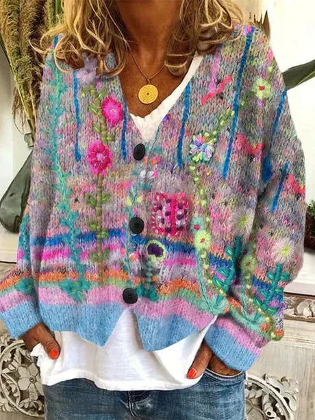 Retro Colourful Patterned Knitted Cardigan