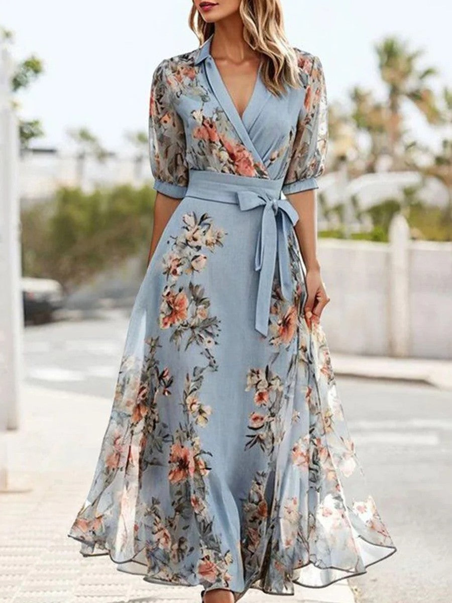 Floral Print V-Neck Midi Dress Women’s Summer Gown