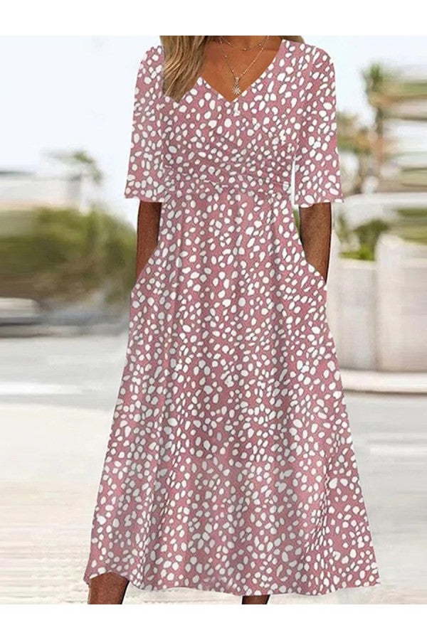 V-Neck Summer Dress Polka-Dot Women's Midi Dress