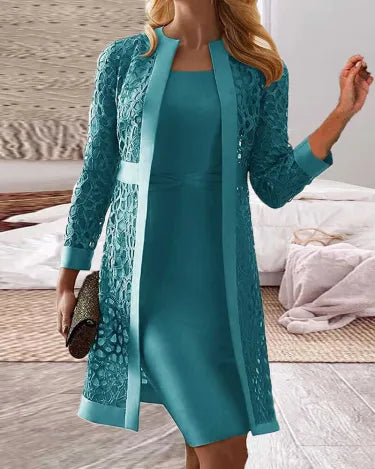 Sleeveless Knee-Length Dress and Floral Lace Jacket Set
