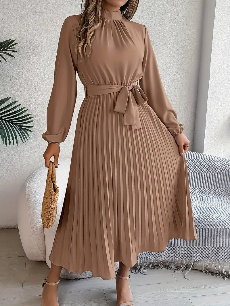 Women’s Pleated Midi Dress with Long Sleeves and Waist Belt