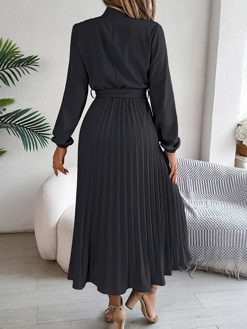 Women’s Pleated Midi Dress with Long Sleeves and Waist Belt