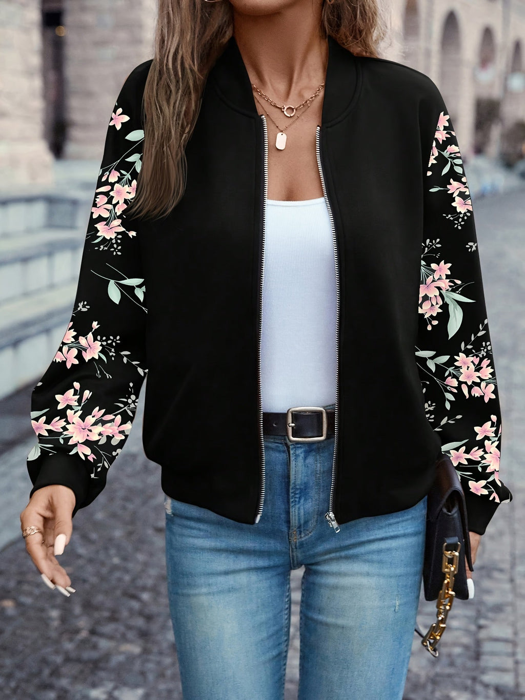 Trendy Floral Print Quilted Jacket
