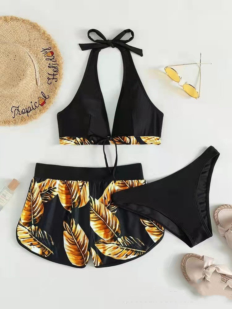Ladies Three-Piece Bikini with Halter Top and Matching Shorts