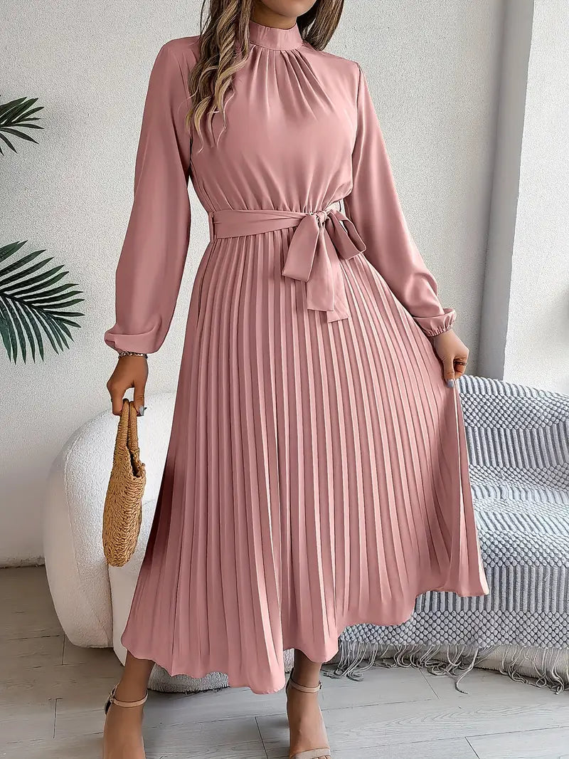 Women’s Pleated Midi Dress with Long Sleeves and Waist Belt