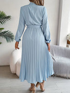 Women’s Pleated Midi Dress with Long Sleeves and Waist Belt