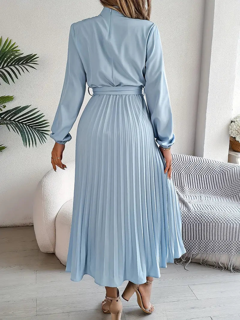 Women’s Pleated Midi Dress with Long Sleeves and Waist Belt