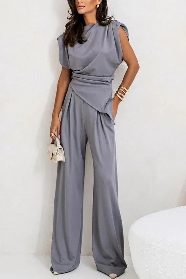Women's Draped Two-Piece Set with Wide Leg Trousers
