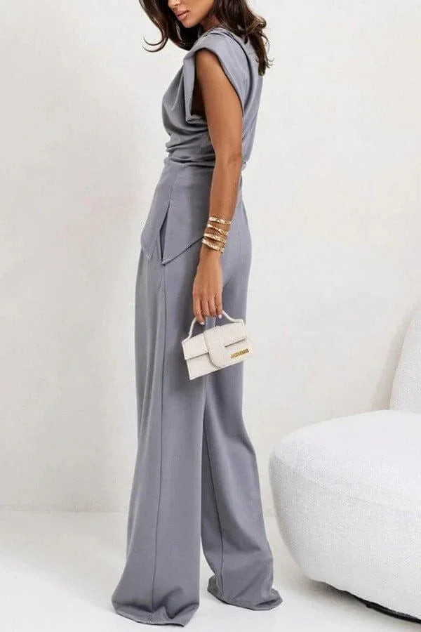 Women's Draped Two-Piece Set with Wide Leg Trousers