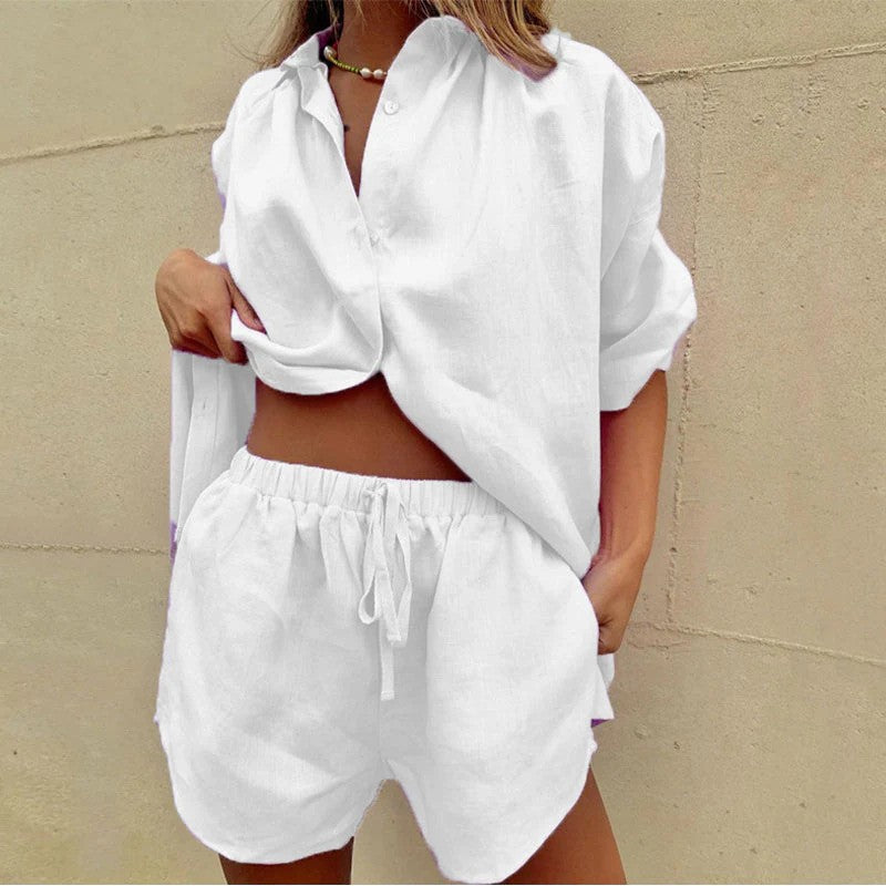Women's Linen-Blend Blouse and Wide-Leg Trousers Set