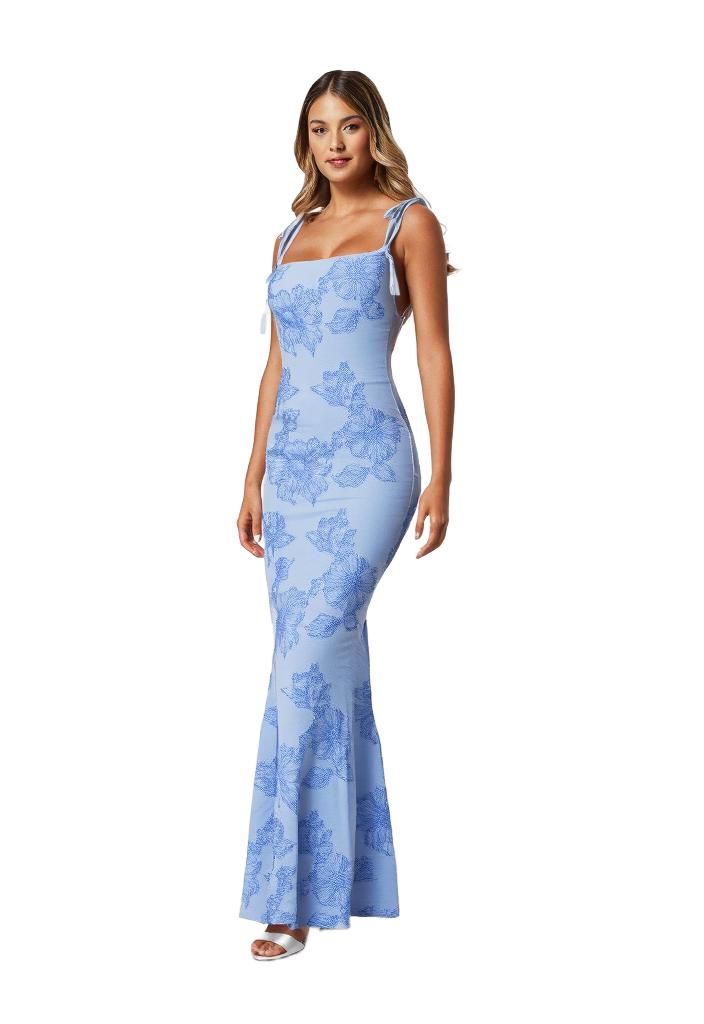 Figure-hugging dress with floral details and tie straps