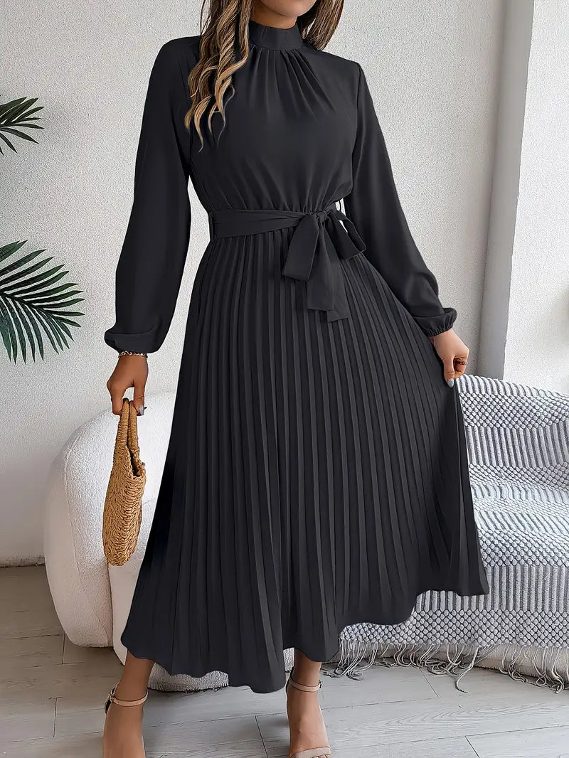 Women’s Pleated Midi Dress with Long Sleeves and Waist Belt