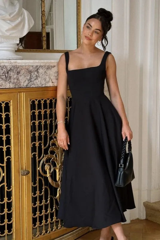 Midi Dress with Square Neckline and High Waist