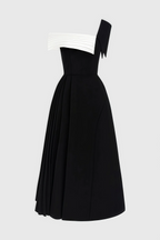 Asymmetric One-Shoulder Midi Dress - Black and White