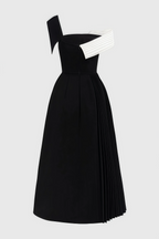 Asymmetric One-Shoulder Midi Dress - Black and White