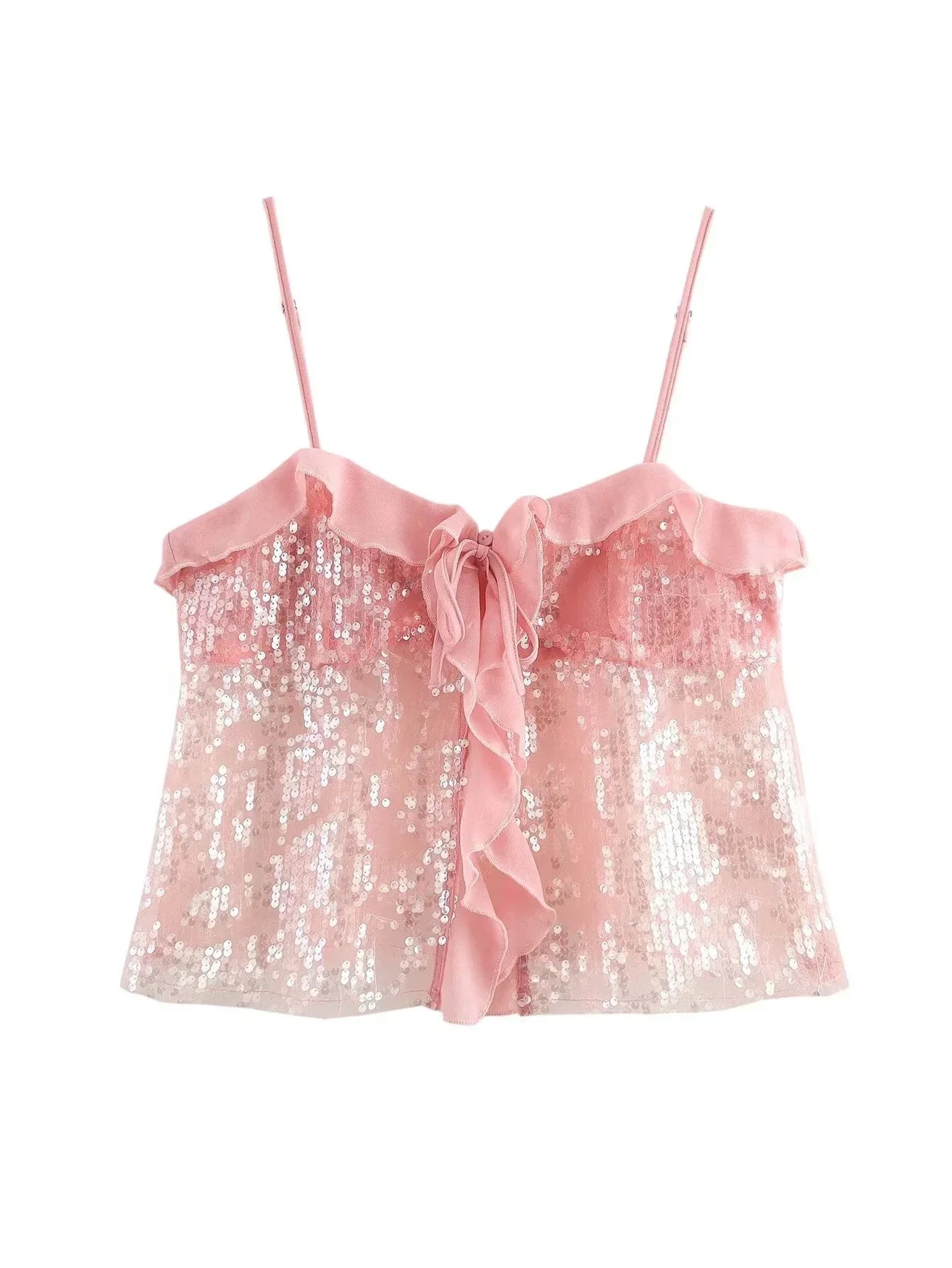 Top Crop Woman with Sequins Thin Straps and Organza Ruffles