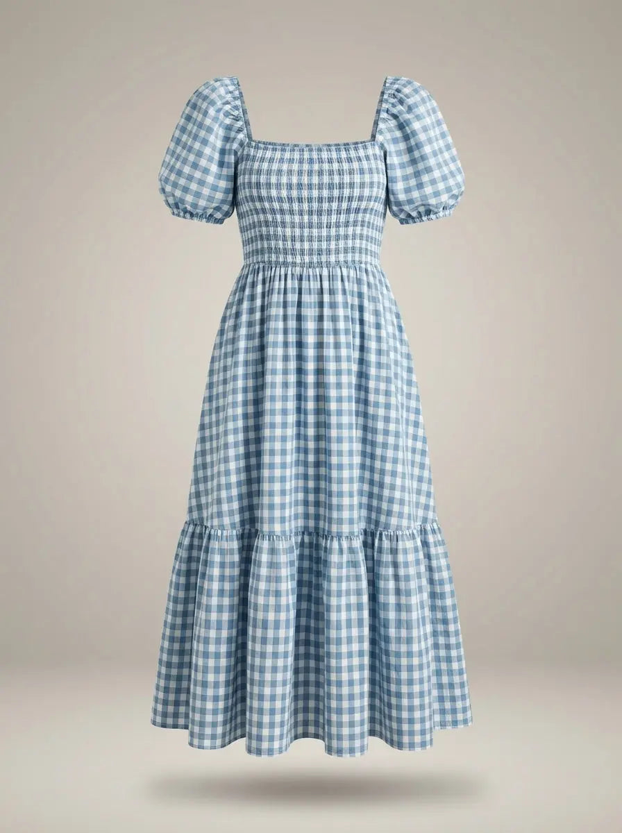 Summer Dress with Puff Sleeves Smocking Midi Dress
