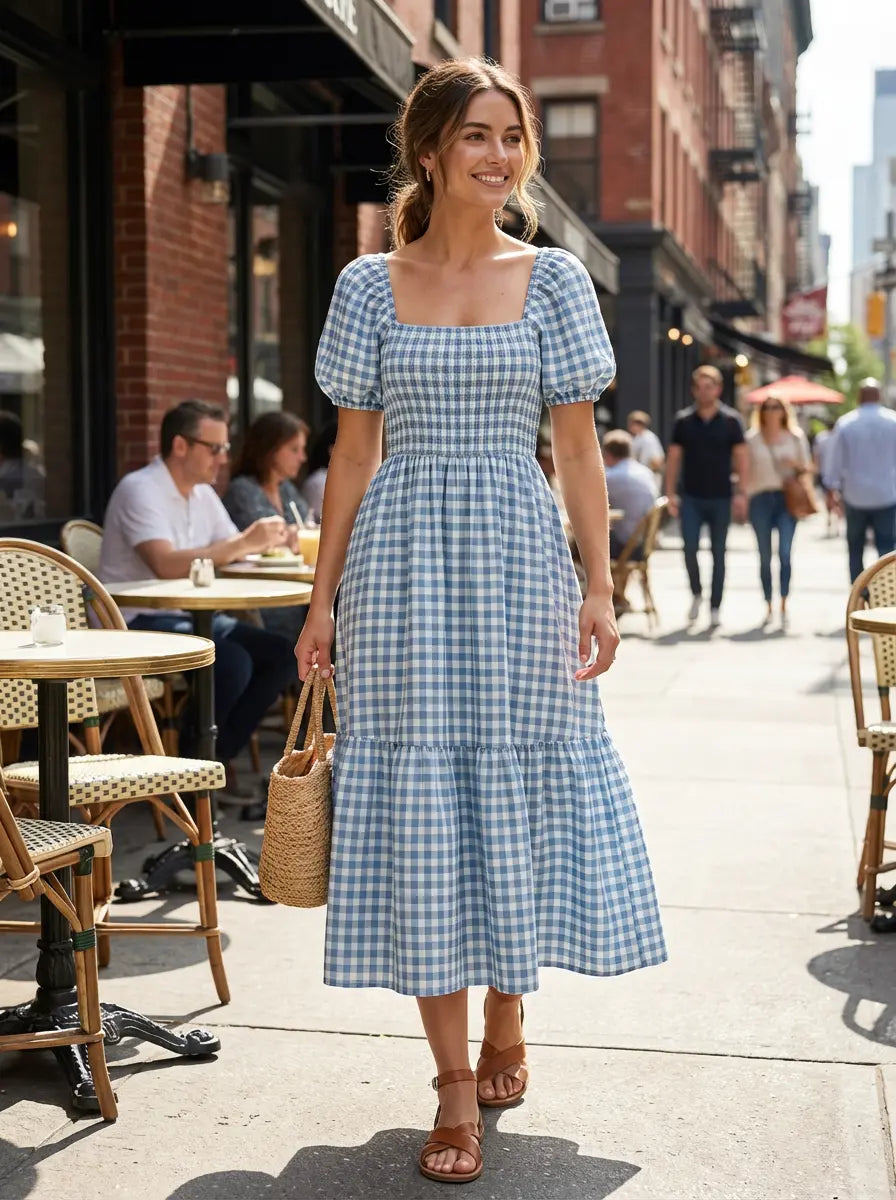 Summer Dress with Puff Sleeves Smocking Midi Dress – Fireflystyle